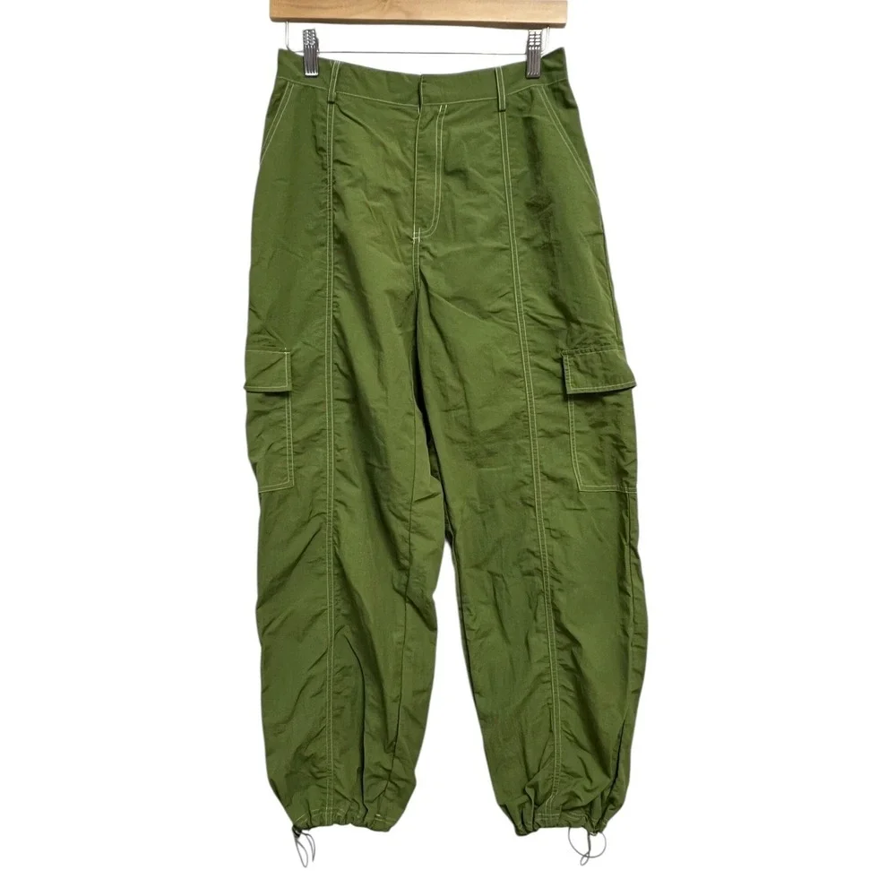 Beige Botany Cargo Pants Medium Green Nylon Parachute Jogger Drawstring Hem